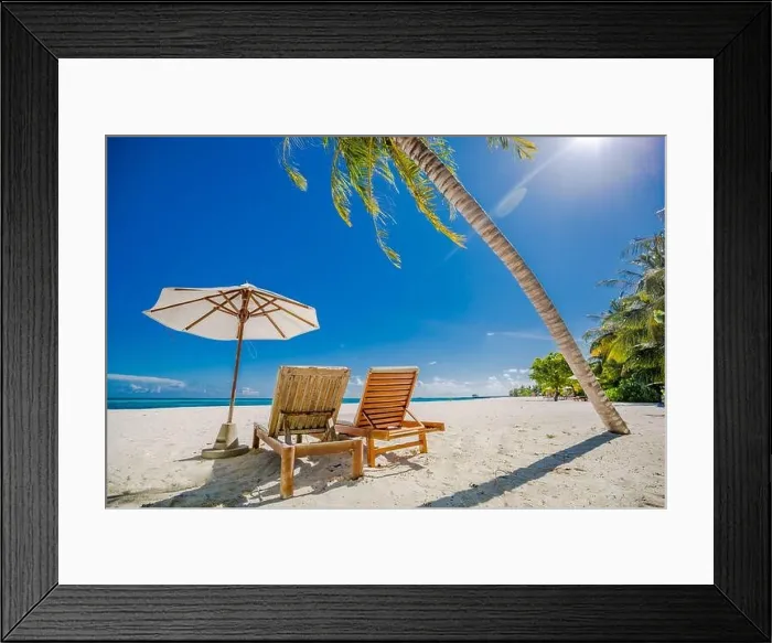 Framed Print : Beautiful Maldives island beach landscape. Luxury resort with chairs and umbrella for summer vacation and holiday background. Exotic tropical beach Framed Print : Beautiful Maldives island beach landscape. Luxury resort with chairs and umbrella for summer vacation and holiday background. Exotic tropical beach