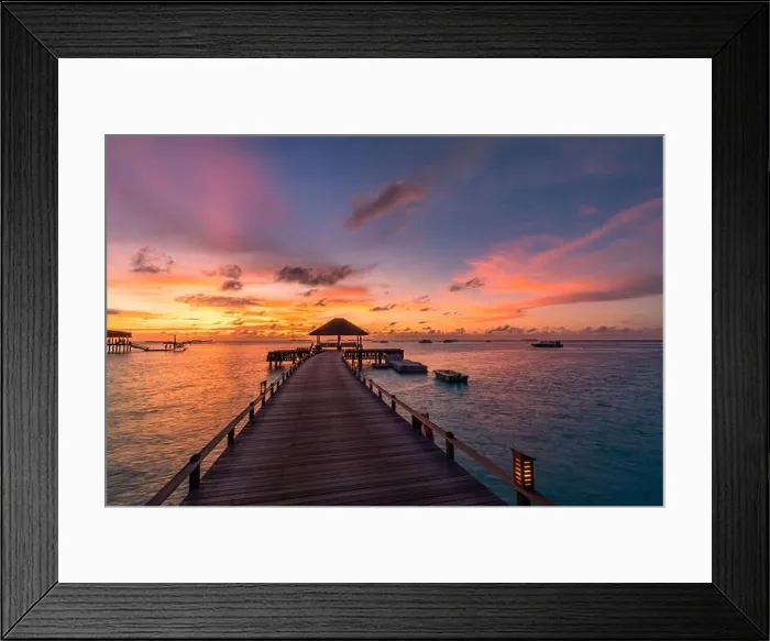 Framed Print : Beautiful sunset beach scene. Colorful sky and clouds view with calm sea and relaxing tropical mood, over water villa. Exotic travel landscape Framed Print : Beautiful sunset beach scene. Colorful sky and clouds view with calm sea and relaxing tropical mood, over water villa. Exotic travel landscape