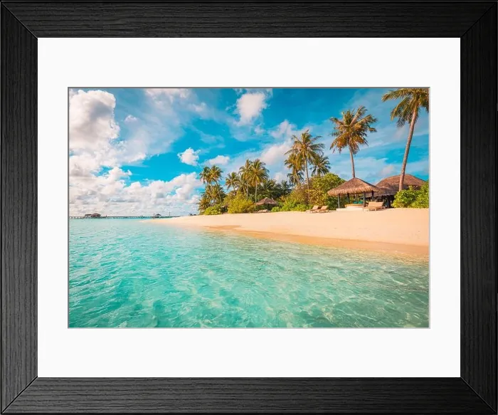 Framed Print : Maldives island beach. Tropical landscape of summer scenery, white sand with palm trees. Luxury travel vacation destination. Exotic beach landscape Framed Print : Maldives island beach. Tropical landscape of summer scenery, white sand with palm trees. Luxury travel vacation destination. Exotic beach landscape