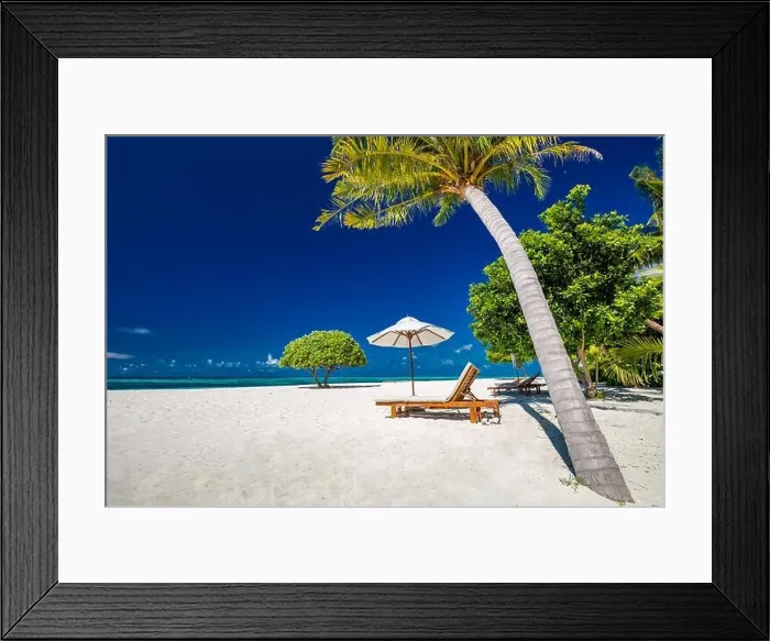 Framed Print : Beautiful tropical beach. White sand and coco palms travel tourism wide panorama background concept. Amazing beach landscape, luxury travel, vacation Framed Print : Beautiful tropical beach. White sand and coco palms travel tourism wide panorama background concept. Amazing beach landscape, luxury travel, vacation