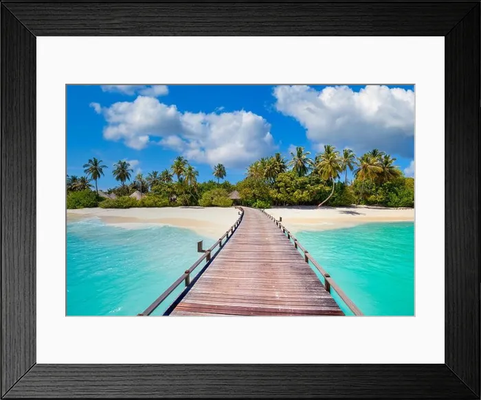 Framed Print : Summer vacation on a tropical island hotel resort with beautiful beach and palm trees, pier jetty path paradise landscape. Idyllic tourism relax Framed Print : Summer vacation on a tropical island hotel resort with beautiful beach and palm trees, pier jetty path paradise landscape. Idyllic tourism relax
