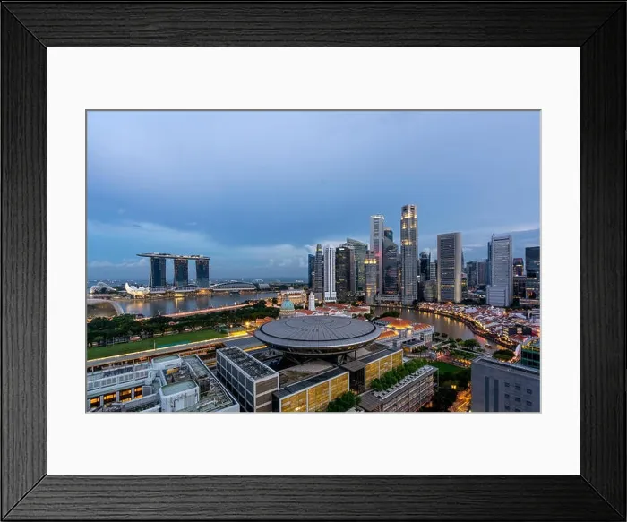 Framed Print : Panorama of Singapore business district skyline and Singapore skyscraper with Supreme Court in night at Marina Bay, Singapore Framed Print : Panorama of Singapore business district skyline and Singapore skyscraper with Supreme Court in night at Marina Bay, Singapore