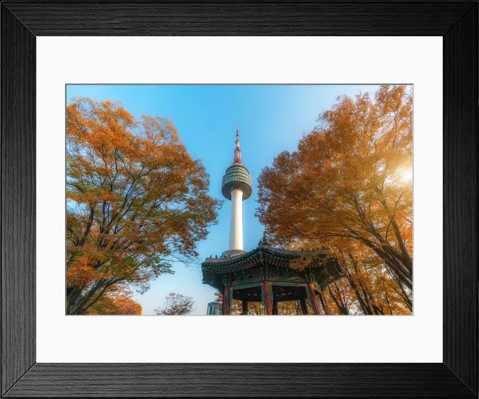 Framed Print : Seoul Tower with yellow and red autumn maple leaves at Namsan mountain in South Korea Framed Print : Seoul Tower with yellow and red autumn maple leaves at Namsan mountain in South Korea