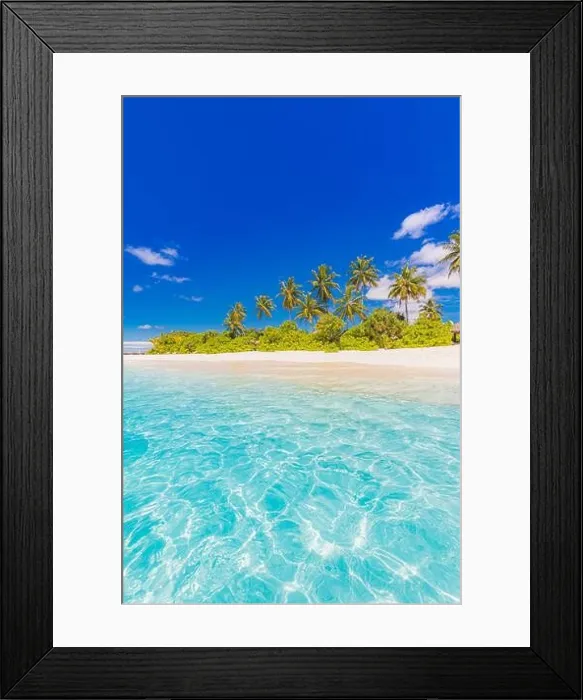 Framed Print : Maldives island beach. Tropical landscape of summer scenery, white sand with palm trees. Luxury travel vacation destination. Exotic beach landscape