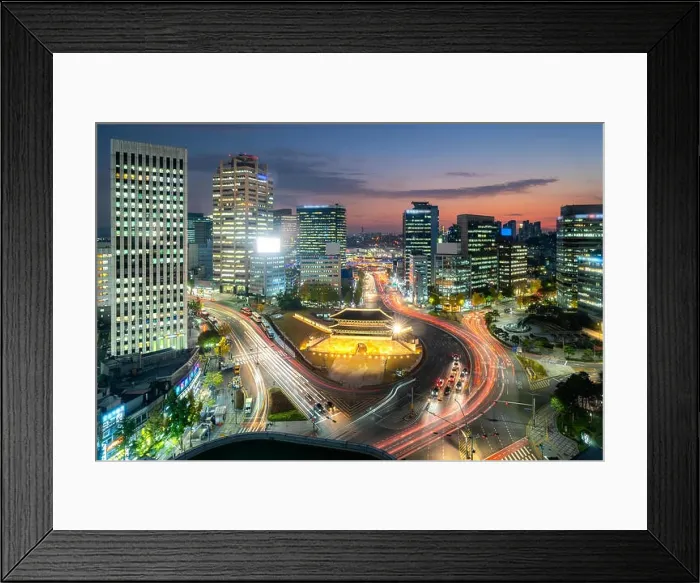 Framed Print : Namdaemun gate with Seoul business district at night in Seoul, South Korea Framed Print : Namdaemun gate with Seoul business district at night in Seoul, South Korea