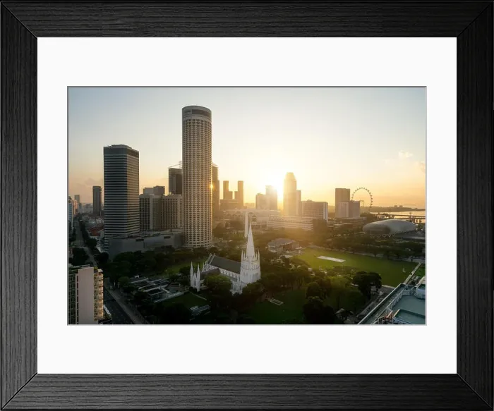 Framed Print : Sunrise at Singapore business district skyline and Singapore skyscraper with St. Andrew's Cathedral at Marina Bay, Singapore Framed Print : Sunrise at Singapore business district skyline and Singapore skyscraper with St. Andrew's Cathedral at Marina Bay, Singapore