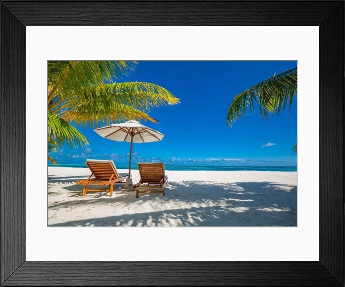 Framed Print : Beautiful tropical beach. White sand and coco palms travel tourism wide panorama background concept. Amazing beach landscape, luxury travel, vacation
