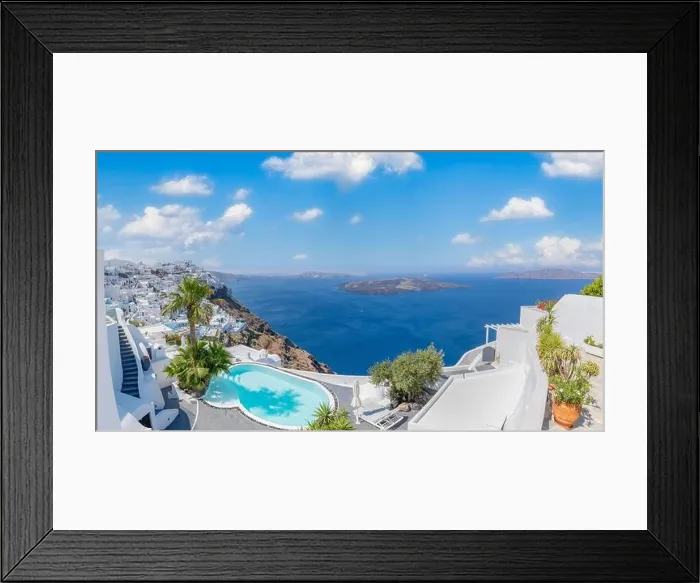 Framed Print : Greek island of Santorini. Amazing travel panorama, white houses, stairs and flowers on the streets. Idyllic summer vacation, urban landscape, tourism Framed Print : Greek island of Santorini. Amazing travel panorama, white houses, stairs and flowers on the streets. Idyllic summer vacation, urban landscape, tourism