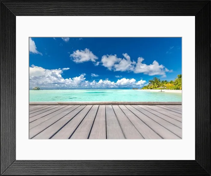 Framed Print : Wooden table product display with a summer vacation, holiday background of tropical beach, blue sea, white clouds, sun flare and green palm tree leaf Framed Print : Wooden table product display with a summer vacation, holiday background of tropical beach, blue sea, white clouds, sun flare and green palm tree leaf