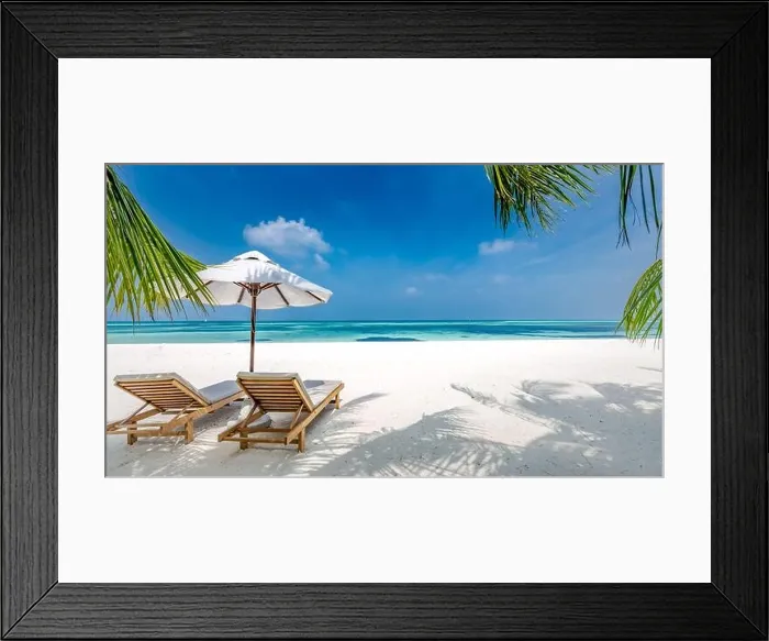 Framed Print : Tranquil beach scene. Exotic tropical beach resort, landscape for background or wallpaper. Luxury beach with loungers, chairs under umbrella palm sand Framed Print : Tranquil beach scene. Exotic tropical beach resort, landscape for background or wallpaper. Luxury beach with loungers, chairs under umbrella palm sand