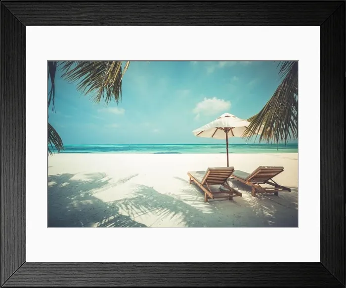 Framed Print : Tranquil beach scene. Exotic tropical beach resort, landscape for background or wallpaper. Luxury beach with loungers, chairs under umbrella palm sand Framed Print : Tranquil beach scene. Exotic tropical beach resort, landscape for background or wallpaper. Luxury beach with loungers, chairs under umbrella palm sand