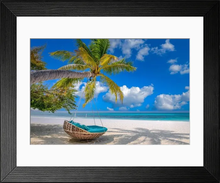 Framed Print : Couple love, amazing tropical beach seaside background as summer landscape with beach swing over white sand and calm sea, sunny beach shore banner Framed Print : Couple love, amazing tropical beach seaside background as summer landscape with beach swing over white sand and calm sea, sunny beach shore banner