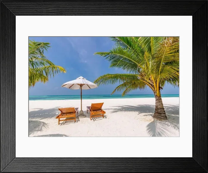 Framed Print : Beautiful tropical beach, two sun beds, loungers, umbrella under palm tree. White sand, sea view horizon, blue sky, calmness and relax resort scenery Framed Print : Beautiful tropical beach, two sun beds, loungers, umbrella under palm tree. White sand, sea view horizon, blue sky, calmness and relax resort scenery