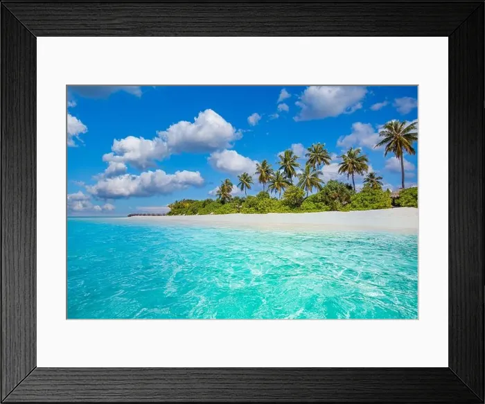 Framed Print : Beautiful palm trees on tropical island beach blue sky with white clouds and turquoise ocean lagoon on sunny day. Amazing natural landscape for summer Framed Print : Beautiful palm trees on tropical island beach blue sky with white clouds and turquoise ocean lagoon on sunny day. Amazing natural landscape for summer