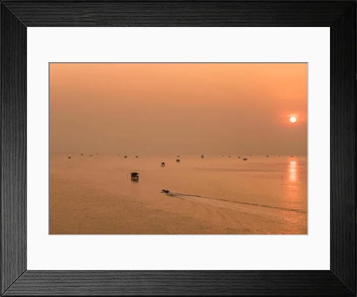 Framed Print : Hut and fishing boat on the sea with sunrise at Phetchaburi Province in Thailand Framed Print : Hut and fishing boat on the sea with sunrise at Phetchaburi Province in Thailand