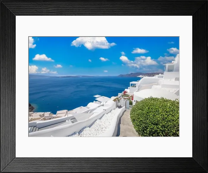 Framed Print : White wash staircases and entrance on Santorini Island, Greece. The view toward Caldera sea view. Famous tourism attraction, destination scenic Framed Print : White wash staircases and entrance on Santorini Island, Greece. The view toward Caldera sea view. Famous tourism attraction, destination scenic