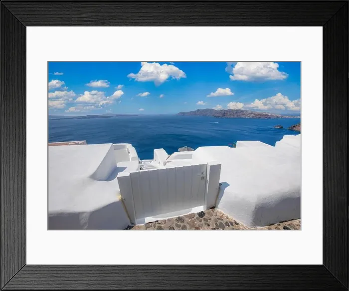 Framed Print : Beautiful details of the island of Santorini, white houses, blue doors and shutters, scenic views of the Aegean Sea. Summer travel landscape, rural Framed Print : Beautiful details of the island of Santorini, white houses, blue doors and shutters, scenic views of the Aegean Sea. Summer travel landscape, rural