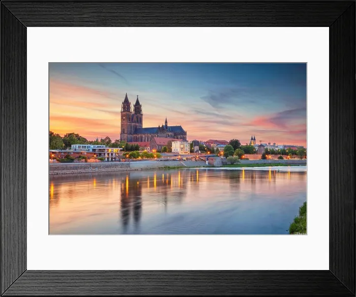 Framed Print : Magdeburg, Germany. Cityscape image of Magdeburg, Germany with reflection of the city in the Elbe river, during sunset Framed Print : Magdeburg, Germany. Cityscape image of Magdeburg, Germany with reflection of the city in the Elbe river, during sunset
