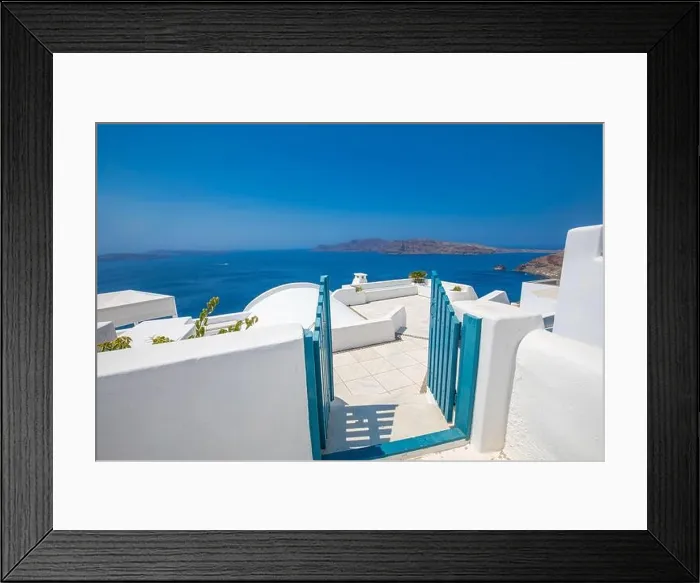 Framed Print : Beautiful details of the island of Santorini, white houses, blue doors and shutters, scenic views of the Aegean Sea. Summer travel landscape, rural Framed Print : Beautiful details of the island of Santorini, white houses, blue doors and shutters, scenic views of the Aegean Sea. Summer travel landscape, rural