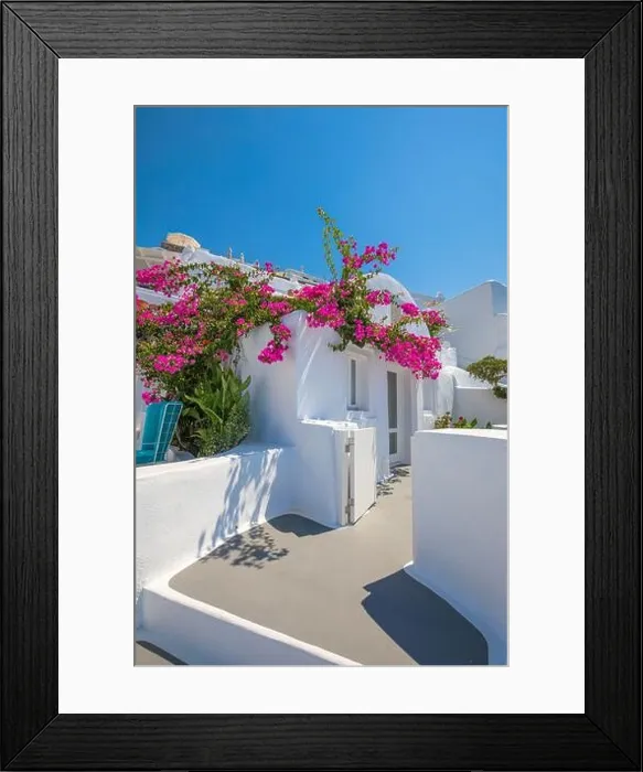 Framed Print : White wash staircases and entrance on Santorini Island, Greece. The view toward Caldera sea view. Famous tourism attraction, destination scenic Framed Print : White wash staircases and entrance on Santorini Island, Greece. The view toward Caldera sea view. Famous tourism attraction, destination scenic
