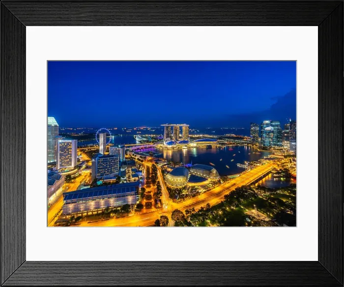 Framed Print : Aerial view of Singapore business district and city at twilight in Singapore, Asia Framed Print : Aerial view of Singapore business district and city at twilight in Singapore, Asia