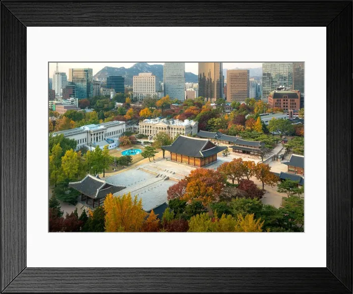 Framed Print : Deoksugung Palace and Seoul city in autumn season in Seoul, South Korea Framed Print : Deoksugung Palace and Seoul city in autumn season in Seoul, South Korea