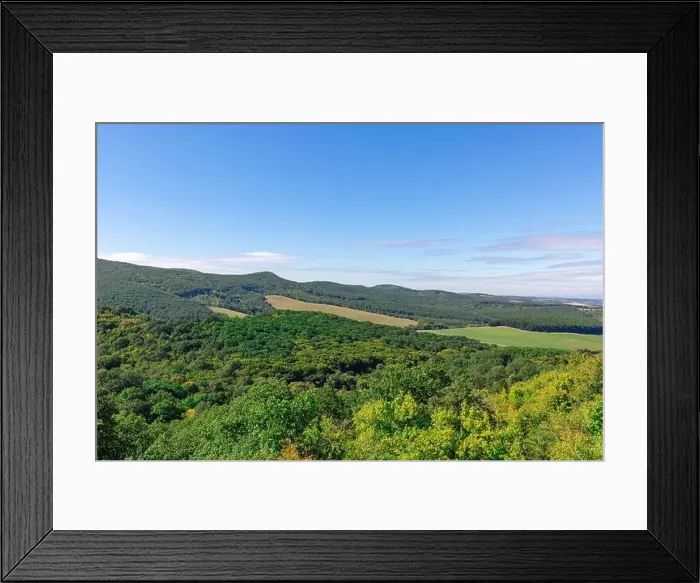 Framed Print : Hill landscape with green forest and meadow fields under blue sky, sunny summer day. Nature environment scene, horizontal landscape Framed Print : Hill landscape with green forest and meadow fields under blue sky, sunny summer day. Nature environment scene, horizontal landscape