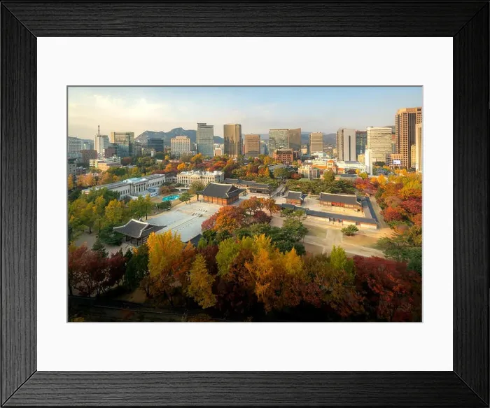 Framed Print : Deoksugung Palace and Seoul city in autumn season in Seoul, South Korea Framed Print : Deoksugung Palace and Seoul city in autumn season in Seoul, South Korea