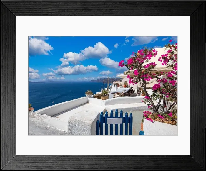 Framed Print : Beautiful details of the island of Santorini, white houses, blue doors and shutters, scenic views of the Aegean Sea. Summer travel landscape, rural