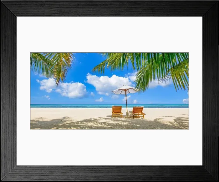 Framed Print : Amazing vacation beach. Couple chairs together by the sea banner. Summer romantic holiday honeymoon concept. Tropical island landscape. Tranquil shore Framed Print : Amazing vacation beach. Couple chairs together by the sea banner. Summer romantic holiday honeymoon concept. Tropical island landscape. Tranquil shore