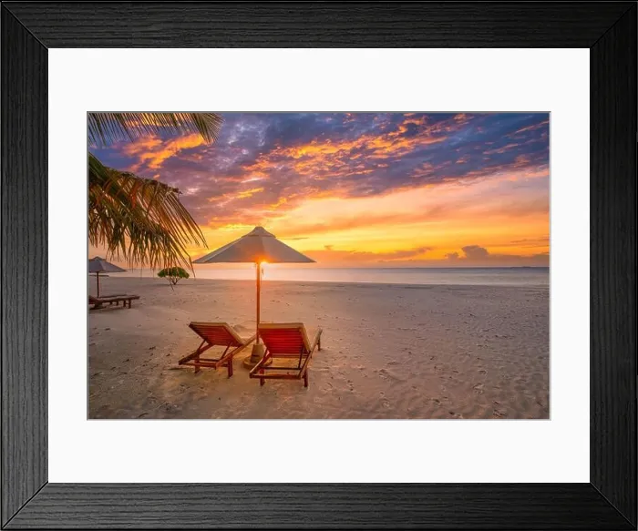 Framed Print : Exotic beach. Chairs on the sandy beach sea shore. Summer holiday and vacation concept for tourism. Inspirational tropical landscape. Tranquil romance Framed Print : Exotic beach. Chairs on the sandy beach sea shore. Summer holiday and vacation concept for tourism. Inspirational tropical landscape. Tranquil romance
