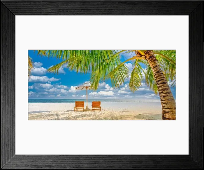 Framed Print : Amazing vacation beach. Couple chairs together by the sea banner. Summer romantic holiday honeymoon concept. Tropical island landscape. Tranquil shore Framed Print : Amazing vacation beach. Couple chairs together by the sea banner. Summer romantic holiday honeymoon concept. Tropical island landscape. Tranquil shore