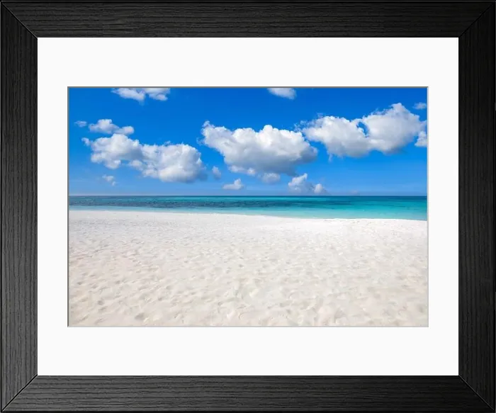 Framed Print : Sea view from tropical beach with sunny sky. Summer paradise beach. Exotic landscape with clouds on horizon, shoreline, seaside in Maldives islands Framed Print : Sea view from tropical beach with sunny sky. Summer paradise beach. Exotic landscape with clouds on horizon, shoreline, seaside in Maldives islands