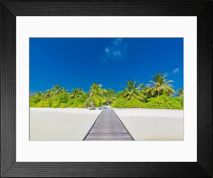 Framed Print : Beautiful tropical Maldives island with beach jetty sea and coconut palm tree on blue sky. Luxury summer nature holiday vacation background concept Framed Print : Beautiful tropical Maldives island with beach jetty sea and coconut palm tree on blue sky. Luxury summer nature holiday vacation background concept