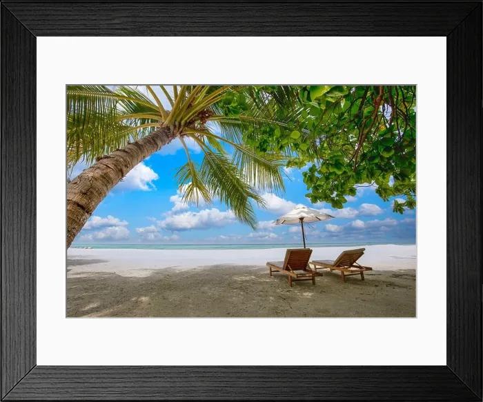 Framed Print : Amazing vacation beach. Couple chairs together by the sea banner. Summer romantic holiday honeymoon concept. Tropical island landscape. Tranquil shore Framed Print : Amazing vacation beach. Couple chairs together by the sea banner. Summer romantic holiday honeymoon concept. Tropical island landscape. Tranquil shore