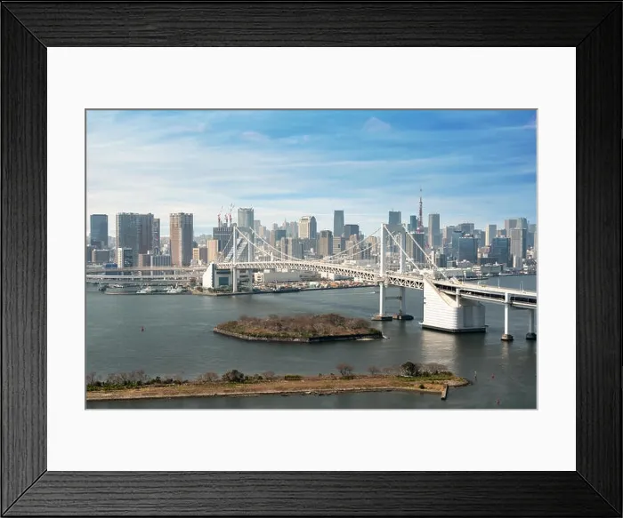 Framed Print : Tokyo Bay with a view of the Tokyo skyline and Rainbow Bridge in tokyo, Japan Framed Print : Tokyo Bay with a view of the Tokyo skyline and Rainbow Bridge in tokyo, Japan