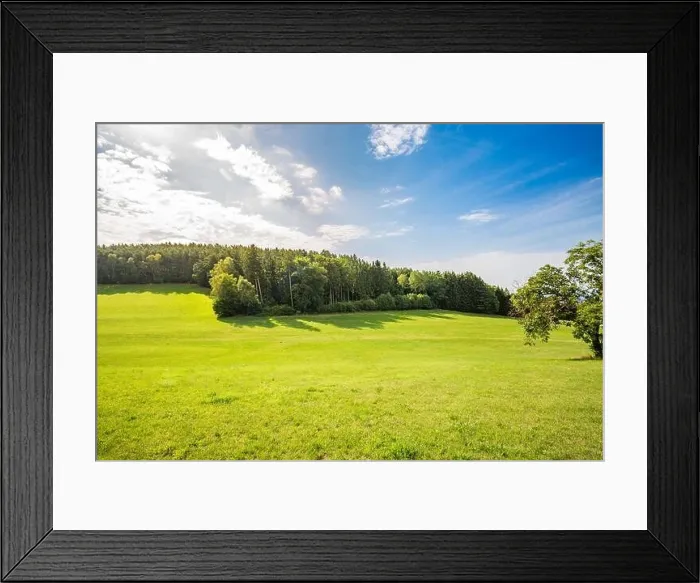 Framed Print : Scenic panoramic view of idyllic rolling hills landscape with blooming meadows and alpine mountain background. Green spring summer landscape Framed Print : Scenic panoramic view of idyllic rolling hills landscape with blooming meadows and alpine mountain background. Green spring summer landscape
