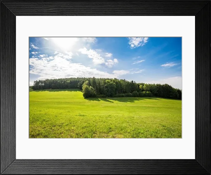 Framed Print : Scenic panoramic view of idyllic rolling hills landscape with blooming meadows and alpine mountain background. Green spring summer landscape Framed Print : Scenic panoramic view of idyllic rolling hills landscape with blooming meadows and alpine mountain background. Green spring summer landscape
