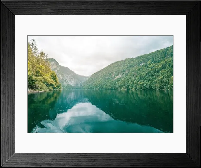 Framed Print : Mountain panorama in a foggy morning with green pine forest and lake reflections. Peaceful spring summer green landscape Framed Print : Mountain panorama in a foggy morning with green pine forest and lake reflections. Peaceful spring summer green landscape