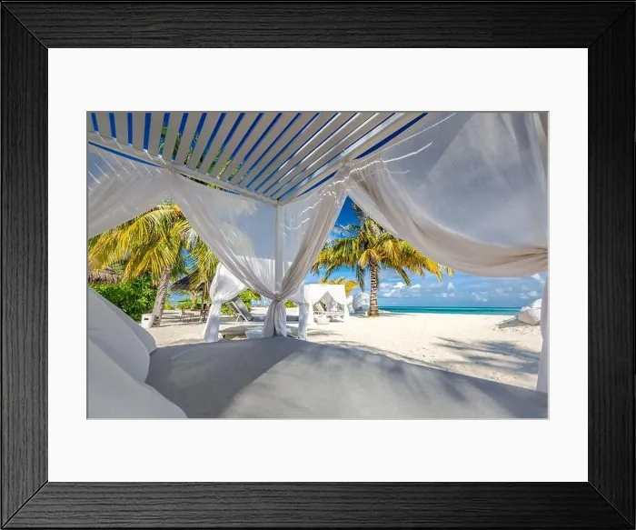 Framed Print : Comfortable lounge canopy on VIP beach seascape. Design of tourism for summer vacation holiday destination concept. Beach canopy, luxury landscape Framed Print : Comfortable lounge canopy on VIP beach seascape. Design of tourism for summer vacation holiday destination concept. Beach canopy, luxury landscape