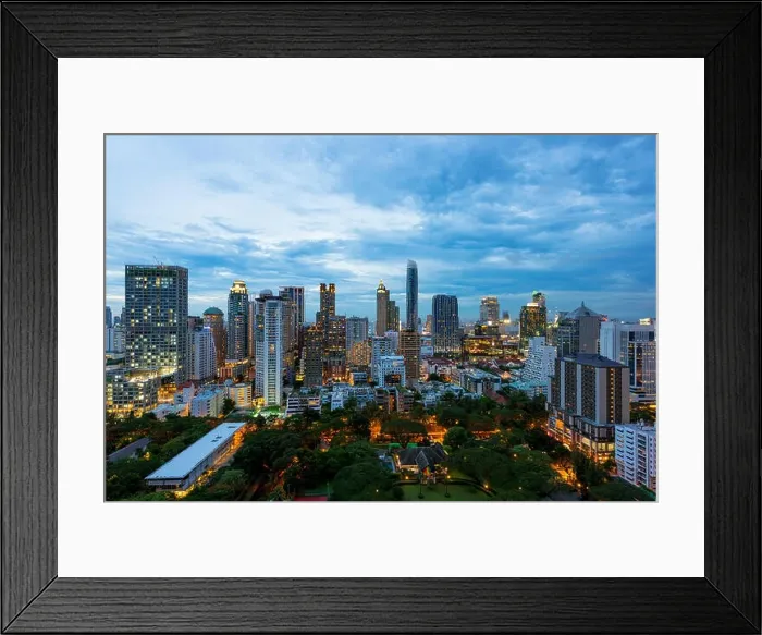 Framed Print : Aerial view of Bangkok City skyline at sunset with skyscrapers of midtown bangkok, Thailand Framed Print : Aerial view of Bangkok City skyline at sunset with skyscrapers of midtown bangkok, Thailand