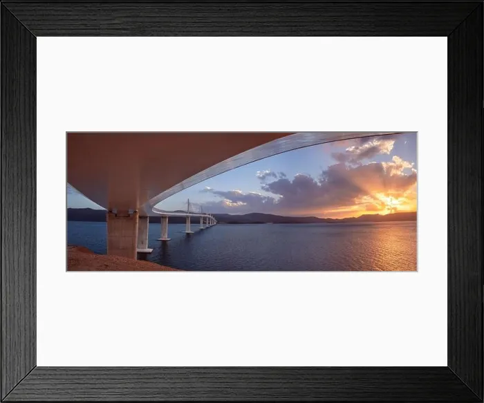 Framed Print : Peljesac Bridge, Croatia.Panoramic image of beautiful modern multi-span cable-stayed Peljesac Bridge over the sea in Dubrovnik-Neretva County, Croatia Framed Print : Peljesac Bridge, Croatia.Panoramic image of beautiful modern multi-span cable-stayed Peljesac Bridge over the sea in Dubrovnik-Neretva County, Croatia