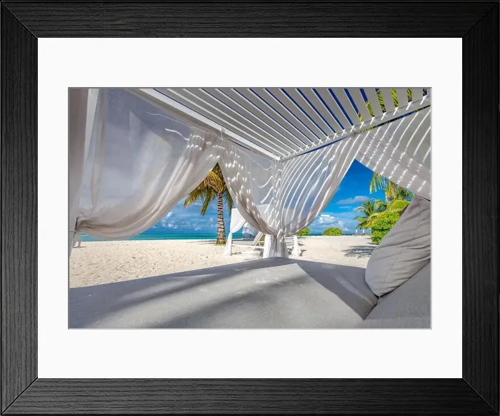 Framed Print : Comfortable lounge canopy on VIP beach seascape. Design of tourism for summer vacation holiday destination concept. Beach canopy, luxury landscape Framed Print : Comfortable lounge canopy on VIP beach seascape. Design of tourism for summer vacation holiday destination concept. Beach canopy, luxury landscape