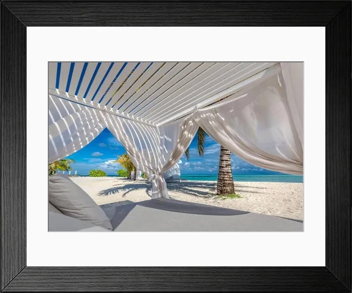 Framed Print : Comfortable lounge canopy on VIP beach seascape. Design of tourism for summer vacation holiday destination concept. Beach canopy, luxury landscape Framed Print : Comfortable lounge canopy on VIP beach seascape. Design of tourism for summer vacation holiday destination concept. Beach canopy, luxury landscape