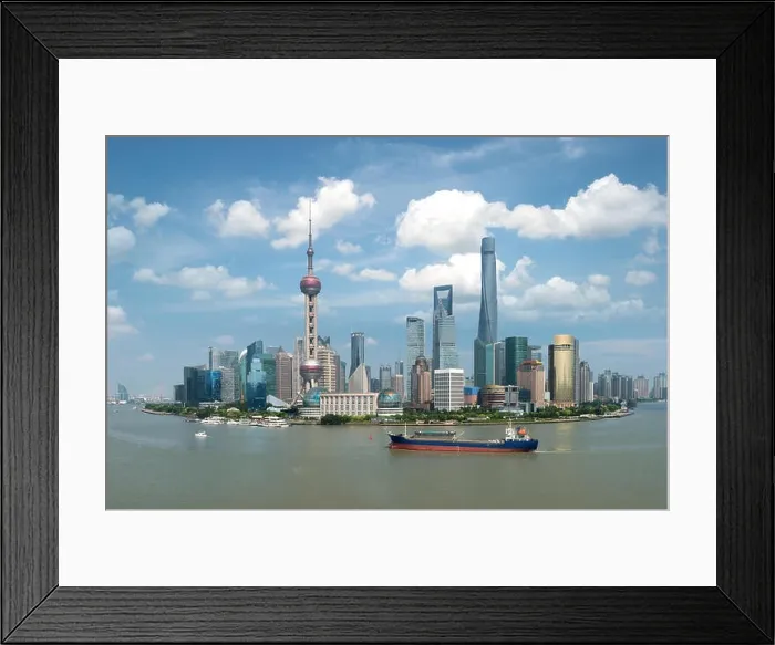 Framed Print : Shanghai skyline panoramic view along Huangpu river at Shanghai Lujiazui Pudong central business center in Shanghai, China