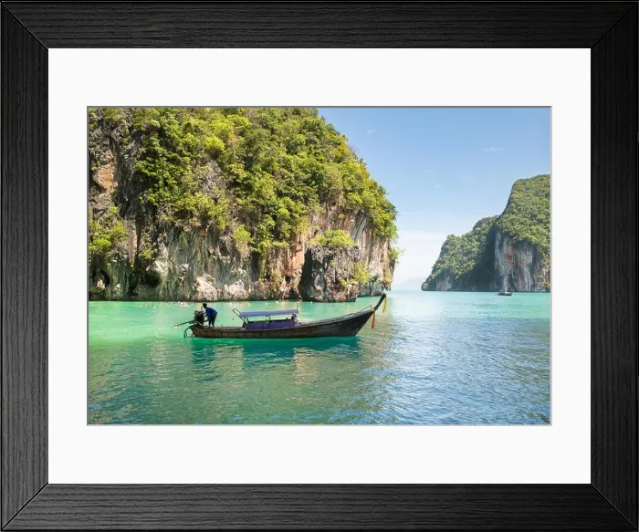 Framed Print : Beautiful landscape of rocks mountain and crystal clear sea with longtail boat at Phuket, Thailand. Summer, Travel, Vacation, Holiday concept Framed Print : Beautiful landscape of rocks mountain and crystal clear sea with longtail boat at Phuket, Thailand. Summer, Travel, Vacation, Holiday concept