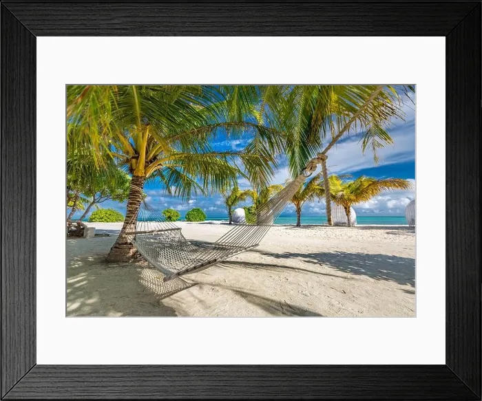 Framed Print : Tropic beach hammock hanging on a palm tree on the Maldives. Amazing summer vibes and beach mood, relaxing hammock for outdoor recreational background Framed Print : Tropic beach hammock hanging on a palm tree on the Maldives. Amazing summer vibes and beach mood, relaxing hammock for outdoor recreational background