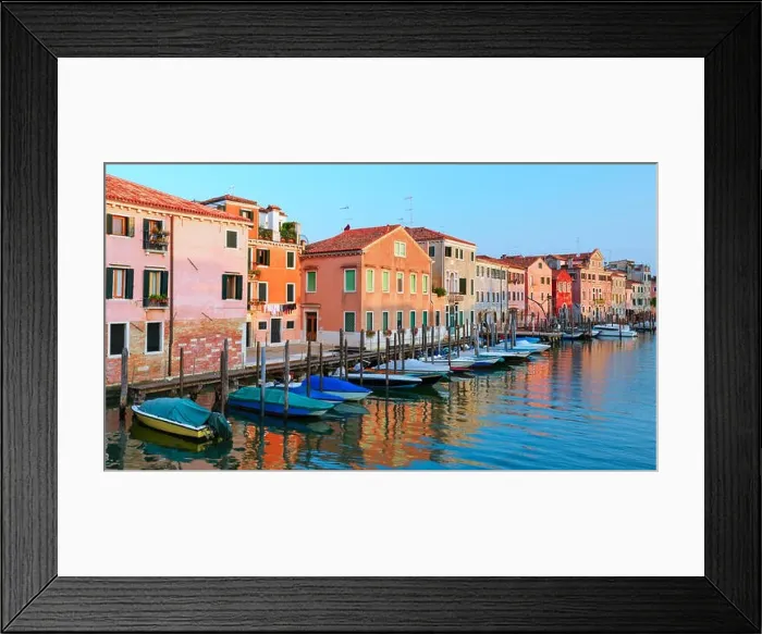 Framed Print : Amazing view on morning Venice. Row of boats and glowing colourful houses. Italy, Europe Framed Print : Amazing view on morning Venice. Row of boats and glowing colourful houses. Italy, Europe