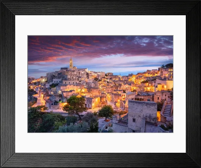 Framed Print : Matera, Italy. Cityscape aerial image of medieval city of Matera, Basilicata Italy at beautiful summer sunset Framed Print : Matera, Italy. Cityscape aerial image of medieval city of Matera, Basilicata Italy at beautiful summer sunset