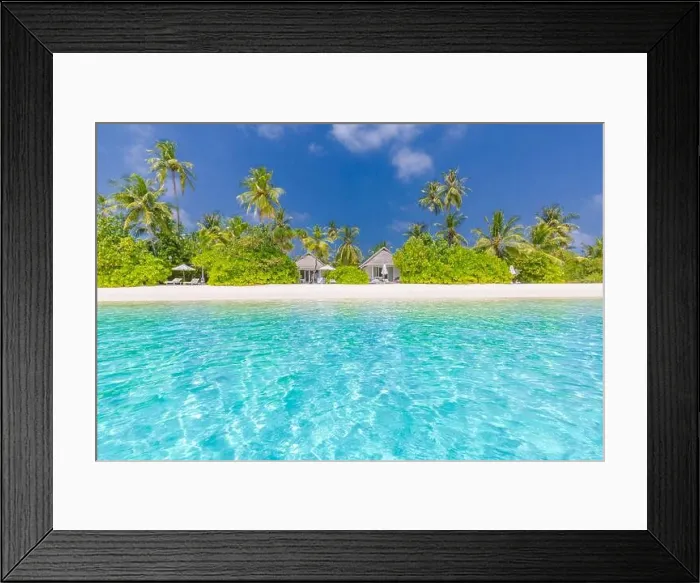 Framed Print : Tropical beach background as summer landscape with beach swing or hammock and white sand and calm sea for beach banner. Perfect beach scene vacation Framed Print : Tropical beach background as summer landscape with beach swing or hammock and white sand and calm sea for beach banner. Perfect beach scene vacation